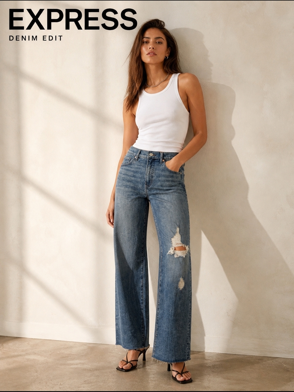 NEW With Tags Express Wide-Leg Distressed Jeans in Medium Blue